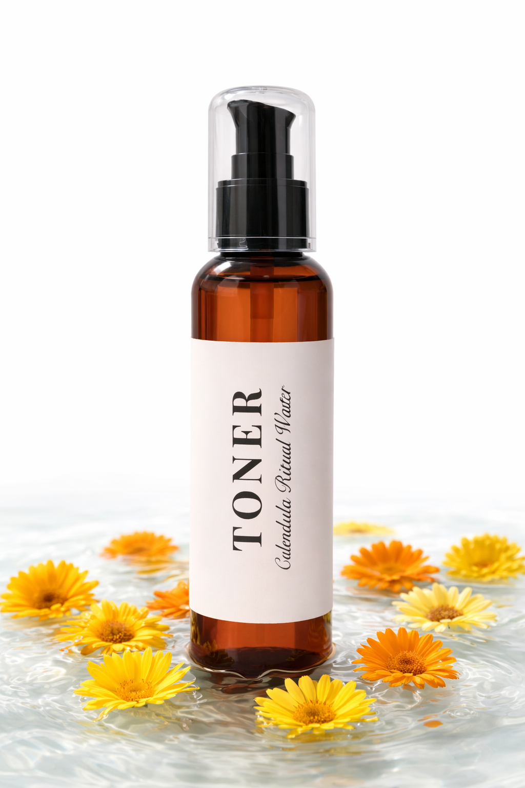Bottle of Mkhmal toner with a label on a white background with Calendula flowers.