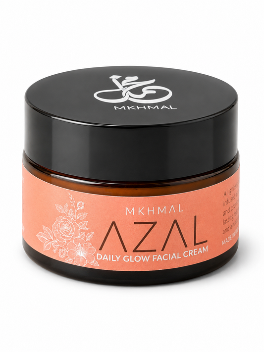 Mkhmal Azal Daily Glow Facial Cream with black lid and terracota label on a white background