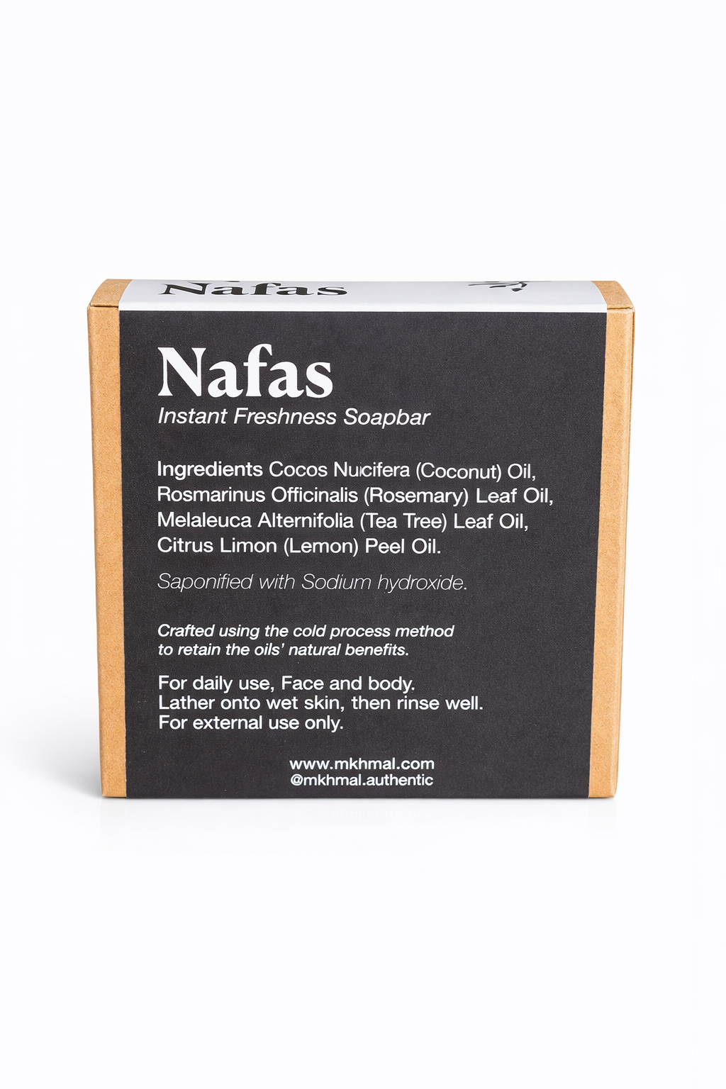 Nafas Instant Freshness Soapbar packaging with black label and wooden box.