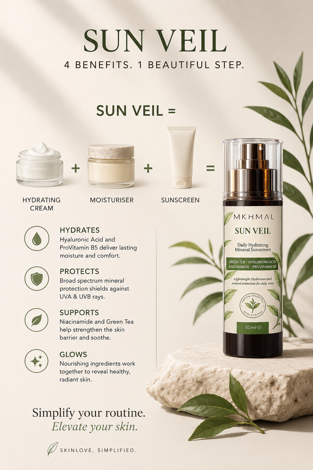 MKHMMAL Sun Veil skincare product with benefits listed on a neutral background