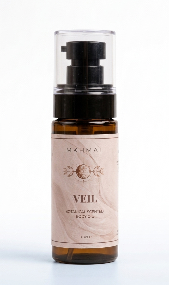 Bottle of MKHMAL Veil botanical scented body oil on a white background